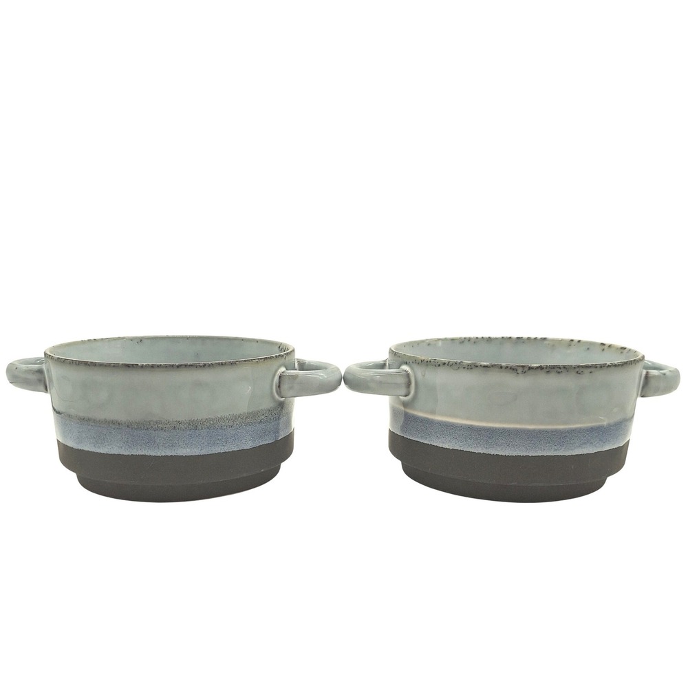 La Rochelle Ceramic Soup Bowls Set of 2 Blue Grey Ombre Double Handle Crocks